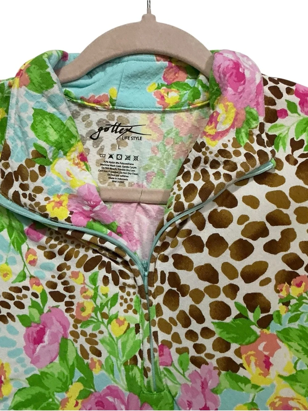 Gottex Aqua Floral & Leopard Print Sleeveless, Collared Athletic Dress sz L - Picture 3 of 6